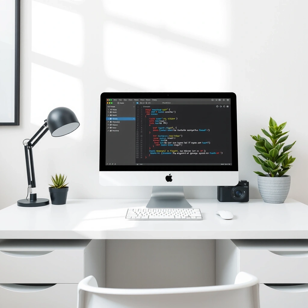 Clean minimalist workspace with modern design tools and clean code